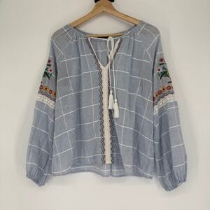 Aqua Peasant Blouse Womens Blue Plaid Embroidered Tassel Boho Coastal Aesthetic